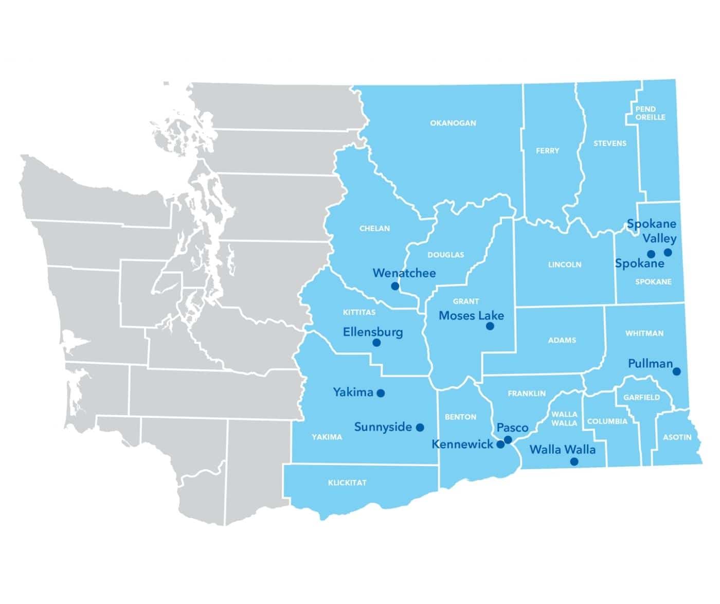 Map of Washington with county outlines showing blue counties east of the cascade mountain where clinics are located.