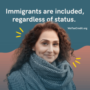 Woman with curly hair and chunky scarf smiling. Words above her head say "Immigrants are included, regardless of status."