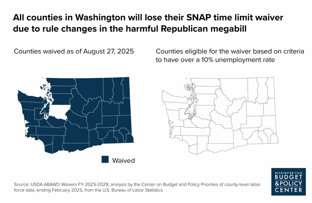 Map showing how all counties in WA will lose their SNAP time limit waiver due to rule changes in harmful Republican megabill
